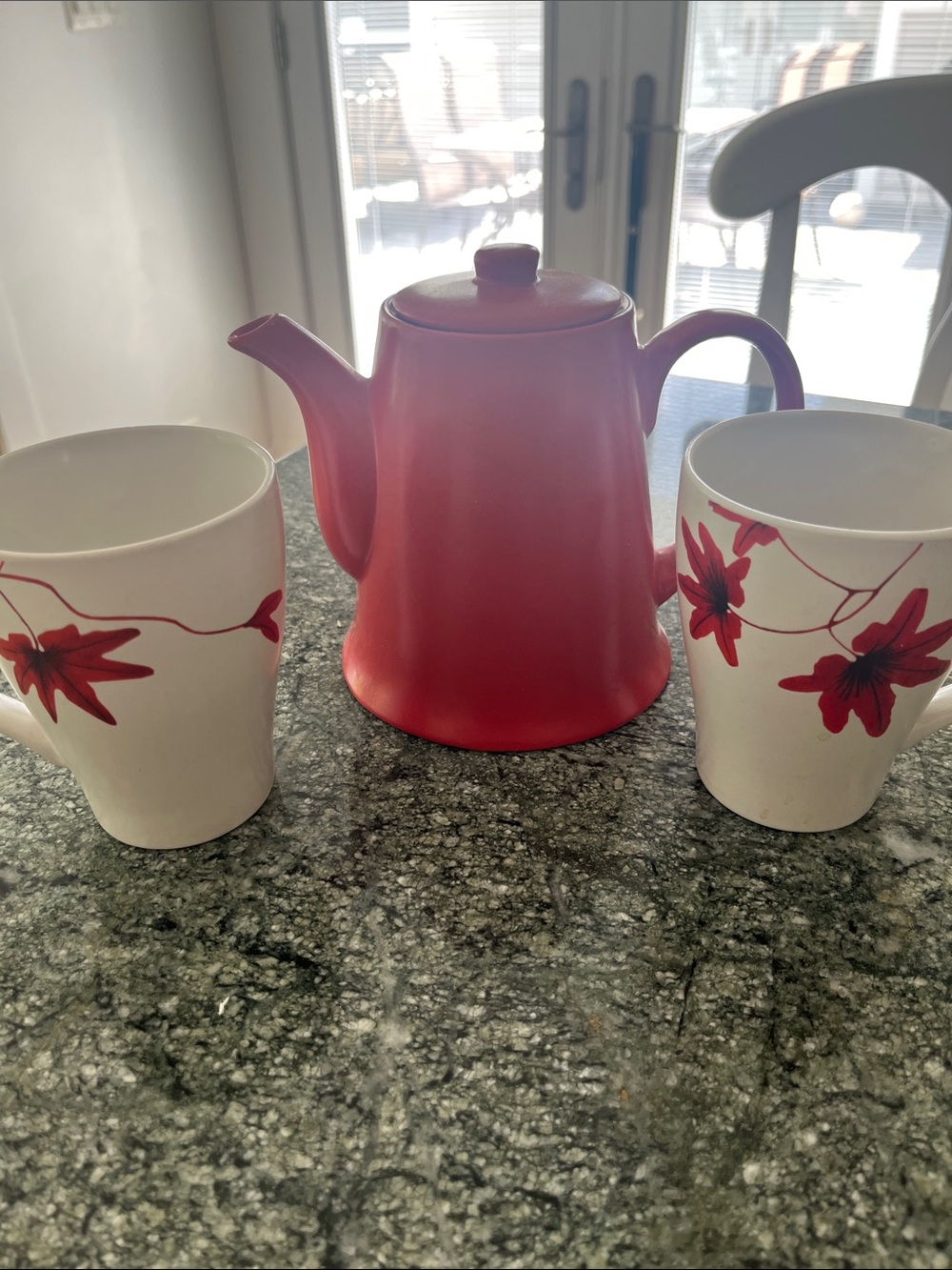 Red Ceramic Teapot with Floral Accent Mugs - Home Kitchen